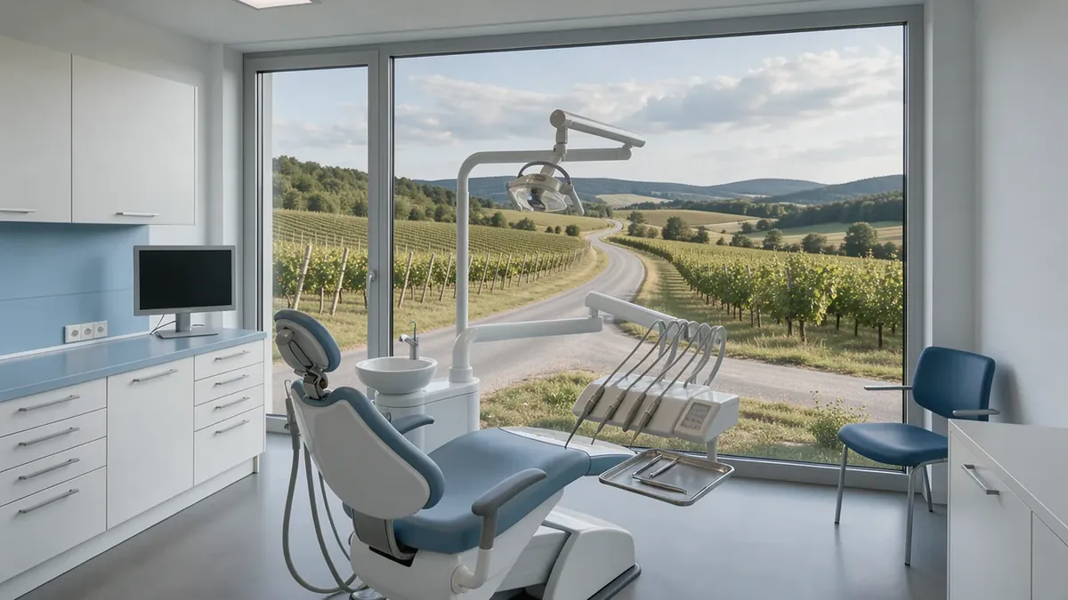 Landstraße durch sanfte Hügel mit Weinbergen und Wäldern im Grenzland zwischen der Steiermark und Westungarn