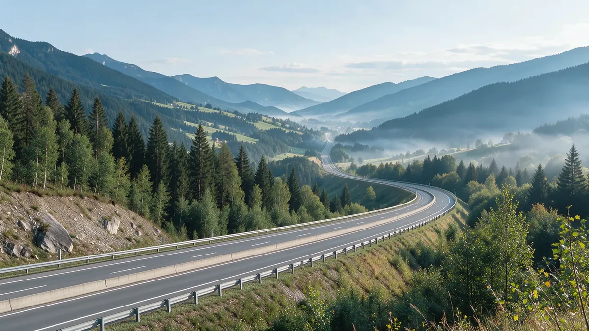 Autobahn, die sich durch bewaldete Berge in Südösterreich schlängelt, im Hintergrund Hügelland im Morgenlicht